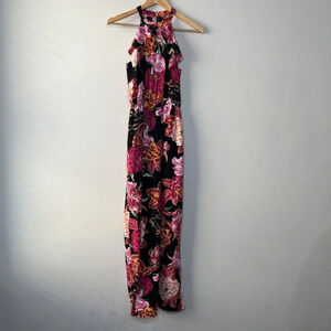 One Clothing Tropical Floral Maxi Dress Halter Neck Black Pink Sz S